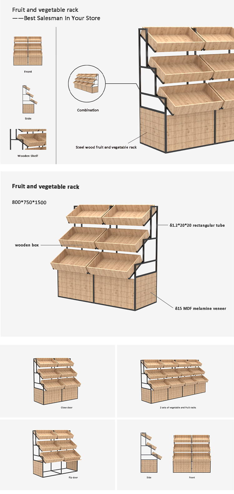 Wooden Fruit Vegetable Storage Rack Gondola Shelves Vegetable And Fruit Display Shelf (4)