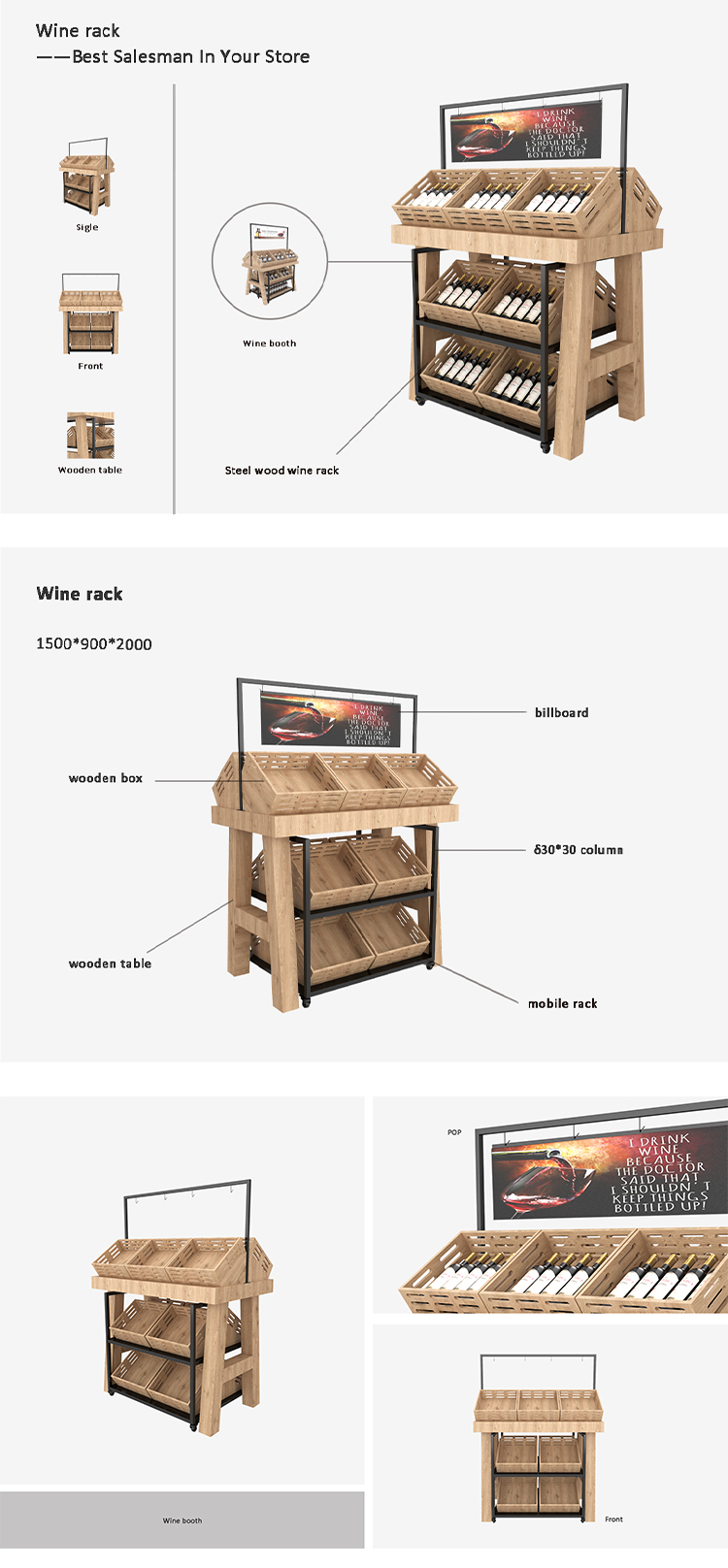 Metal Multifunction Grocery Shop Wooden Design Wine Shelves Rack Display Store Shelf