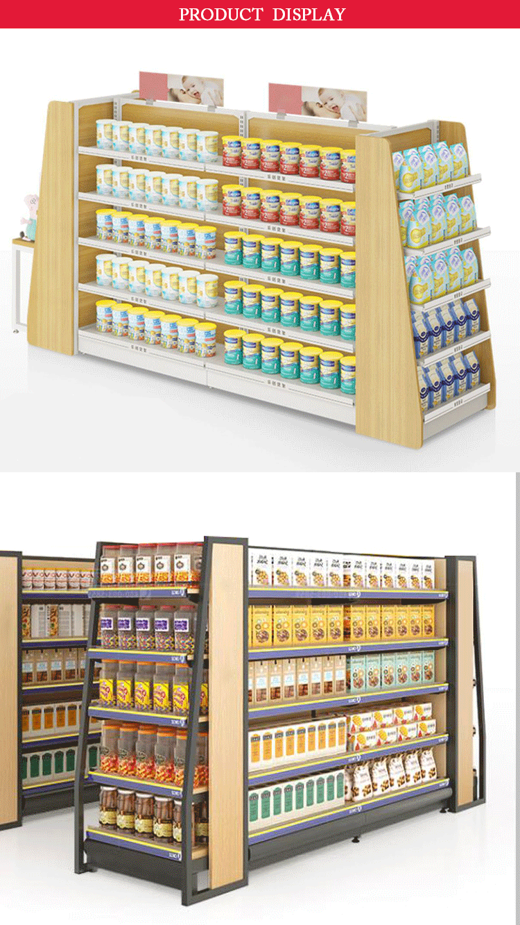 Custom Shelf Wooden Steel Iron Rack Supermarket Shop shelves Retail Store Shelving