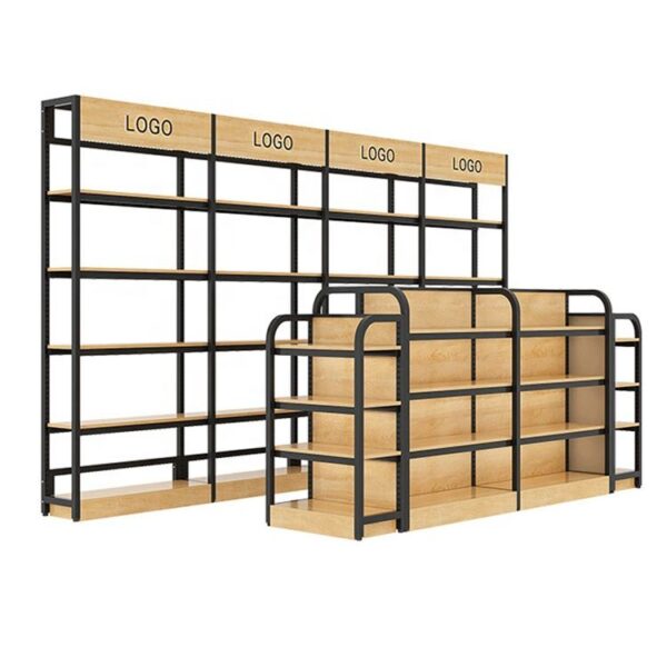 Etagères pour magasins de détail Présentoir en bois, acier et fer Etagères pour supermarchés (2) Présentoir d'étagères pour magasins de détail Étagères en bois, en acier et en fer pour supermarchés