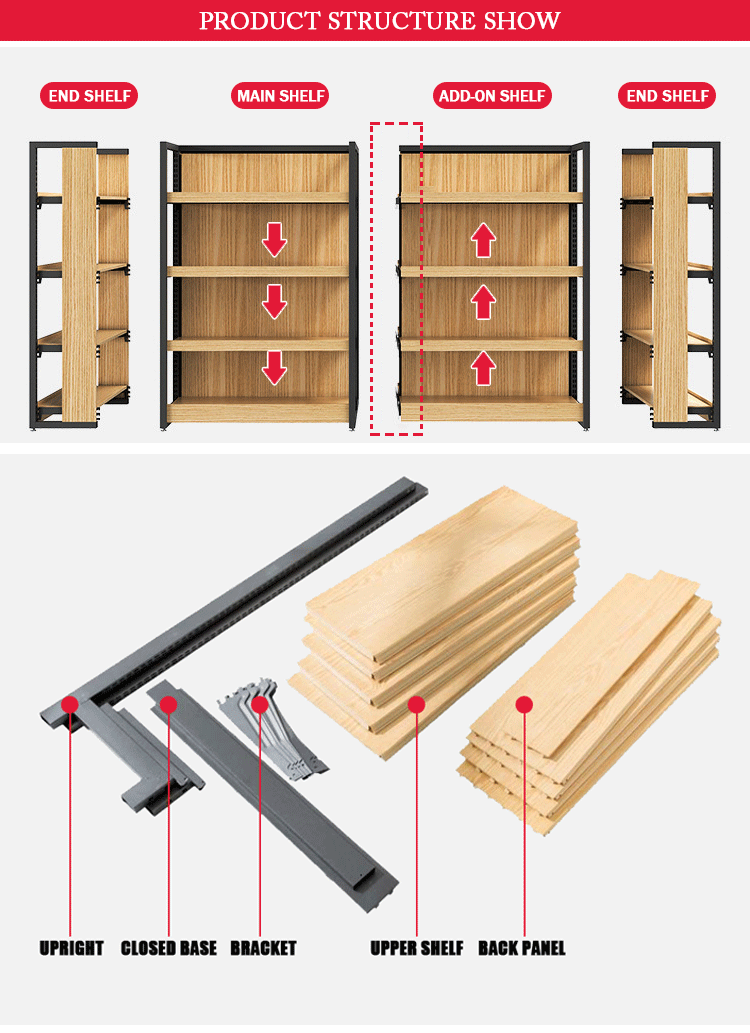 Shop Shelf Display Rack Steel Adjustable Commercial Wooden Metal Shelving Long Stand Rack