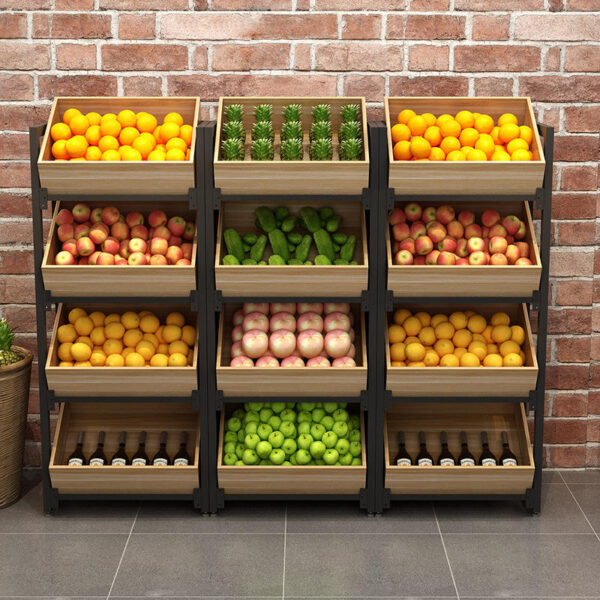 Wooden Fruits Vegetable Display Steel Metal Shelf Rack For Supermarket Retail Store Shop (1) Wooden Metal Shelf Rack Fruits Vegetable Display Steel For Supermarket Retail Store Shop
