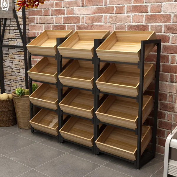 Wooden Fruits Vegetable Display Steel Metal Shelf Rack For Supermarket Retail Store Shop (1) Wooden Metal Shelf Rack Fruits Vegetable Display Steel For Supermarket Retail Store Shop