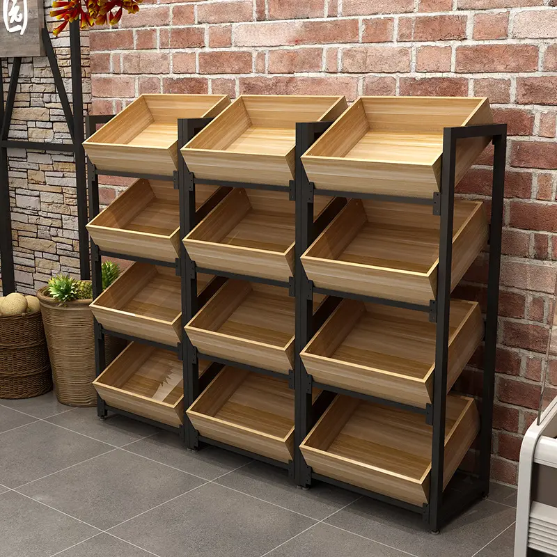 Wooden Metal Shelf Rack Fruits Vegetable Display Steel For Supermarket Retail Store Shop