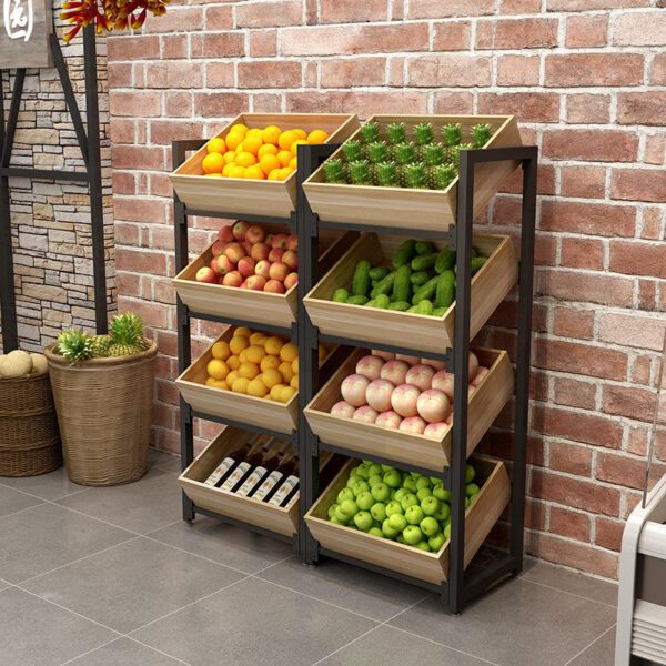 Wooden Fruits Vegetable Display Steel Metal Shelf Rack For Supermarket Retail Store Shop (2) Wooden Metal Shelf Rack Fruits Vegetable Display Steel For Supermarket Retail Store Shop