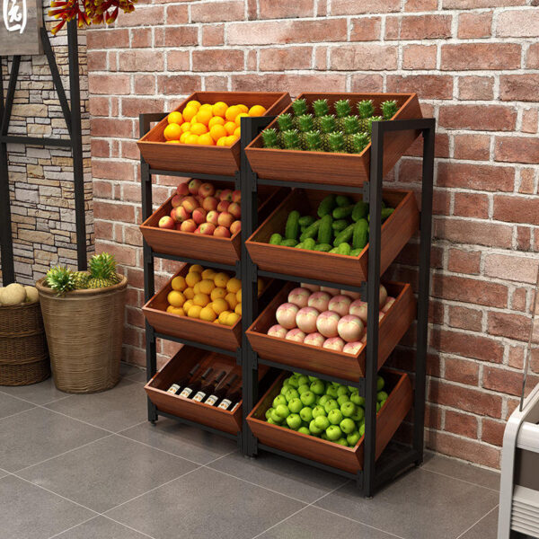 Wooden Fruits Vegetable Display Steel Metal Shelf Rack For Supermarket Retail Store Shop (3) Wooden Metal Shelf Rack Fruits Vegetable Display Steel For Supermarket Retail Store Shop