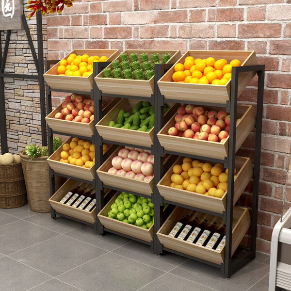Wooden Fruits Vegetable Display Steel Metal Shelf Rack For Supermarket Retail Store Shop (9) Wooden Fruits Vegetable Display Steel Metal Shelf Rack For Supermarket Retail Store Shop (9)
