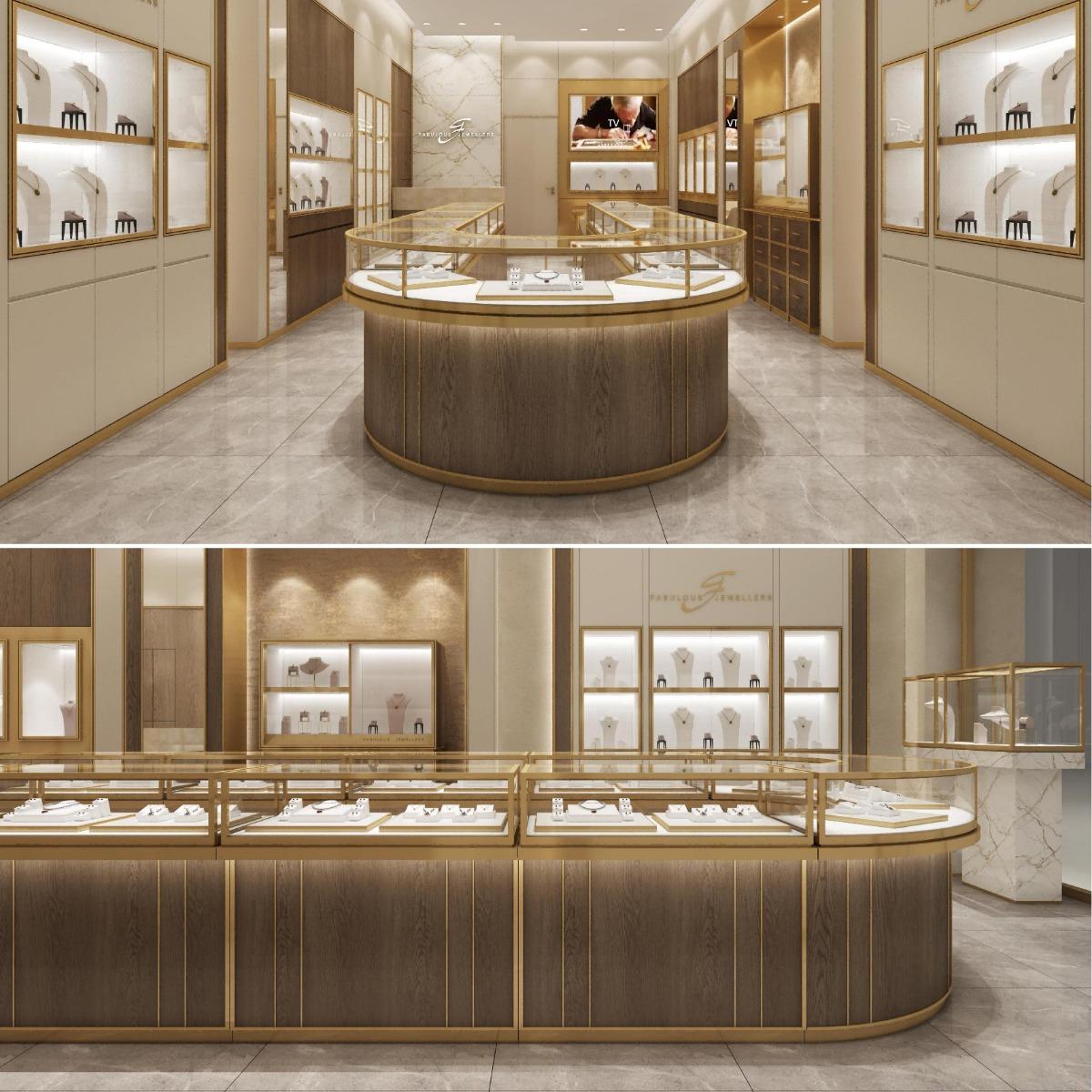 商場亭弧形珠寶展示櫃木質展示櫃檯製造商 | 客製化設計與工廠直銷價
