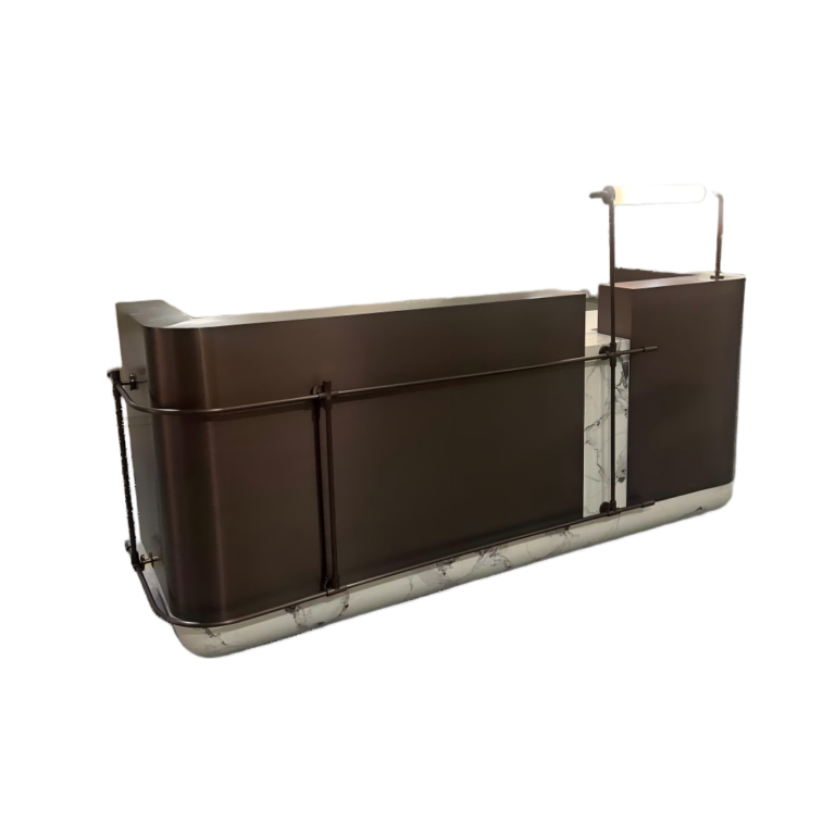 Fabricante de mostradores de recepción de hotel en metal para lobby | Diseño personalizado y precio de fábrica