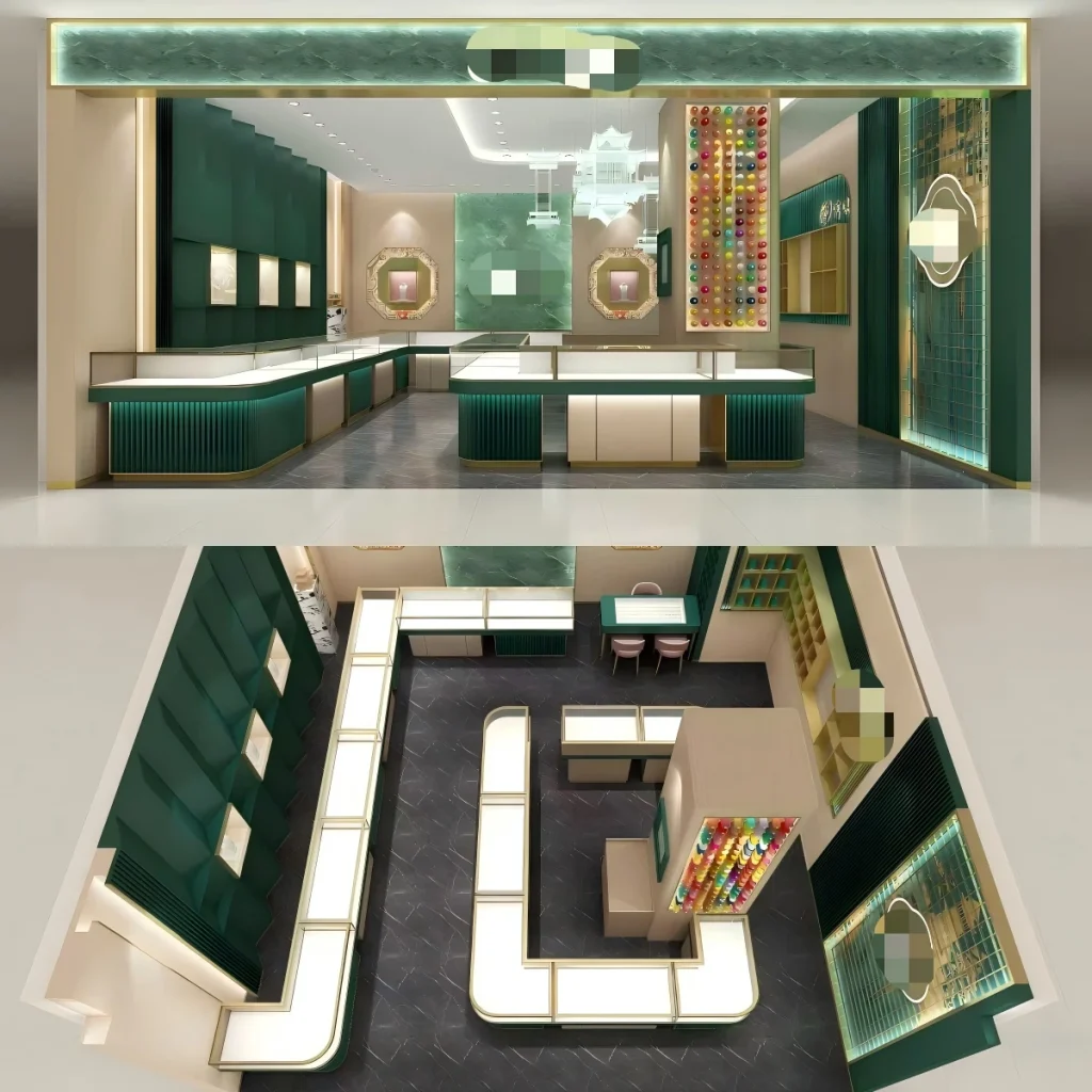 寶石展示店雙視圖:帶層疊綠色牆面與珠串展示柱的正立面,以及平面佈局圖