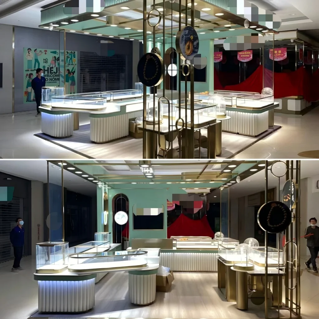 Jewelry kiosk design before and after installation: counters under protective film, then the finished stand with glass domes, discs and lighting in place