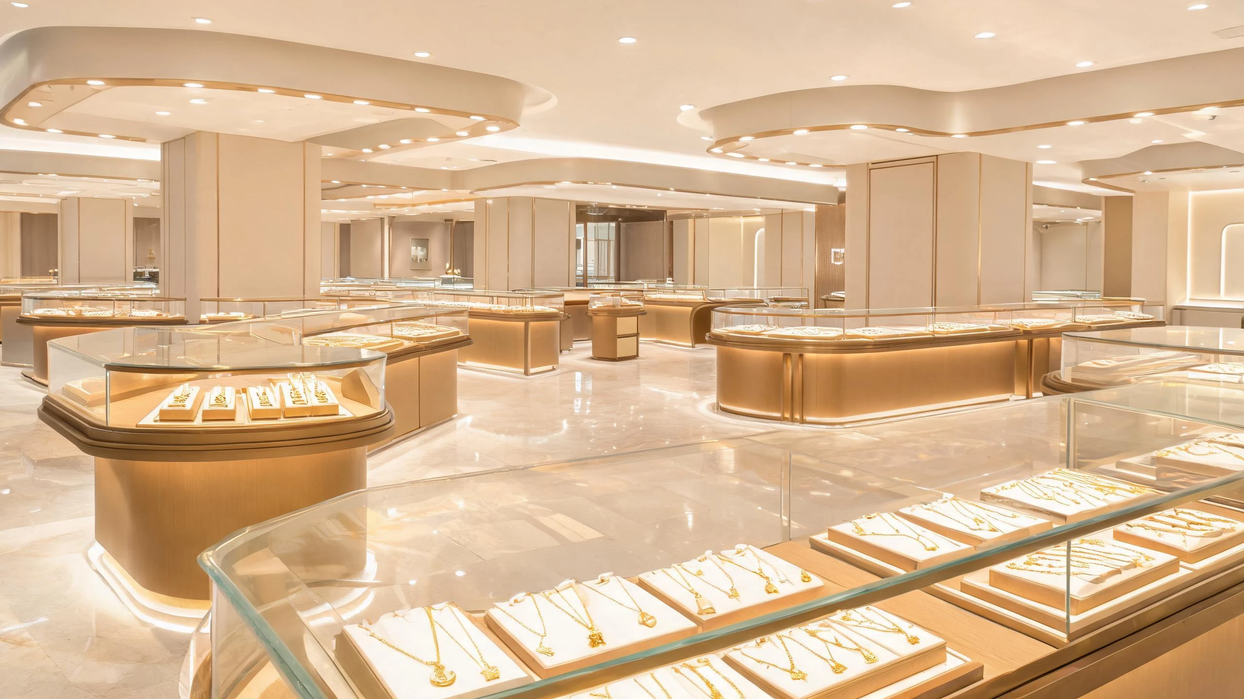 Modern jewelry store with curved glass display counters in champagne gold and illuminated jewelry trays