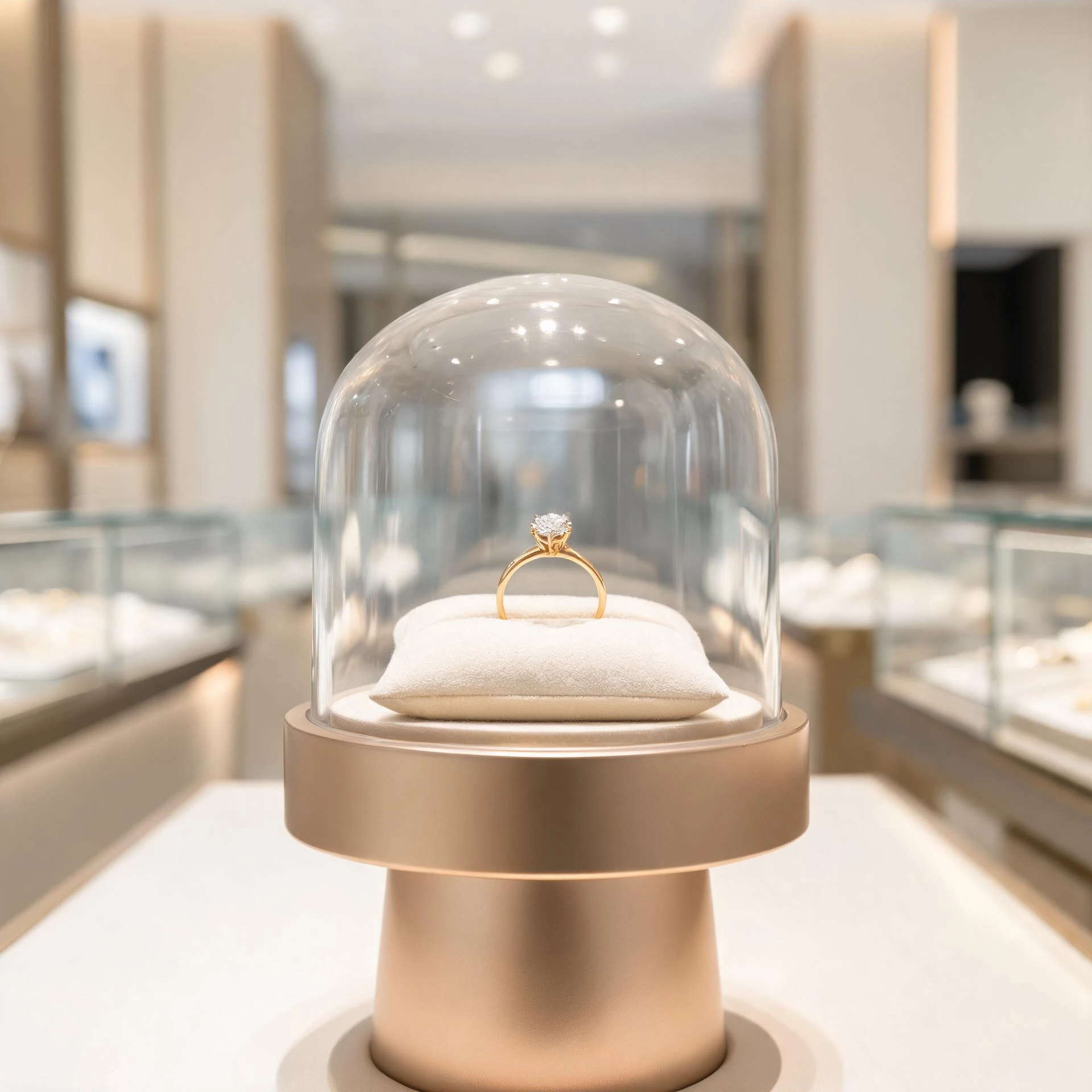 Glass dome pedestal displaying a single gold ring in a jewelry store aisle