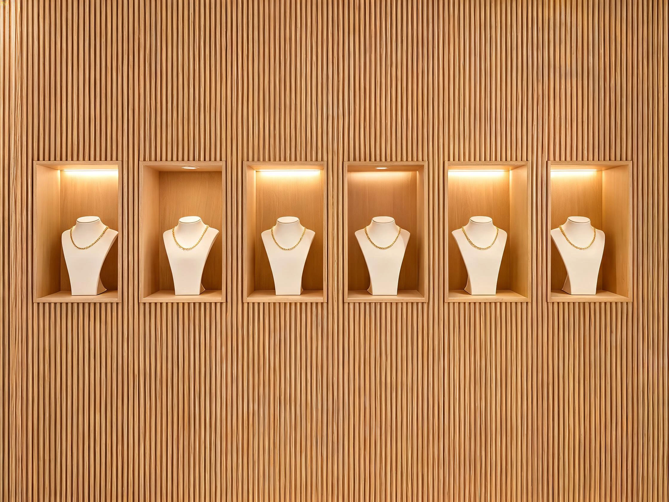 Row of lit wall niches with necklace busts on a fluted panel back wall