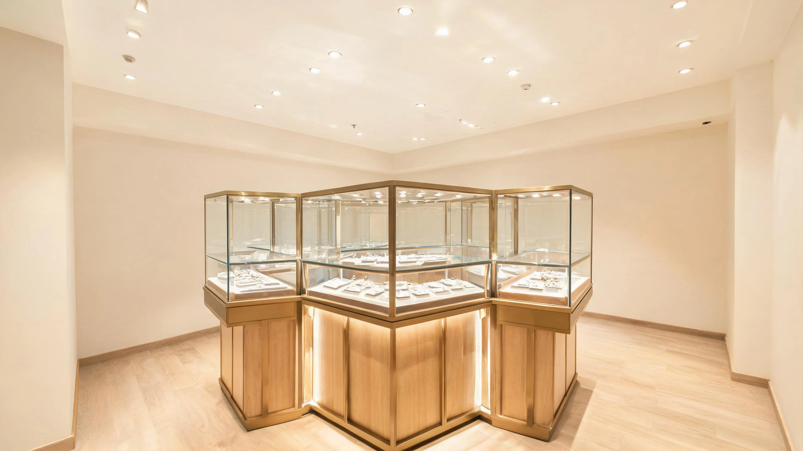 Compact modular jewelry island kiosk with glass counters on four sides in a small boutique