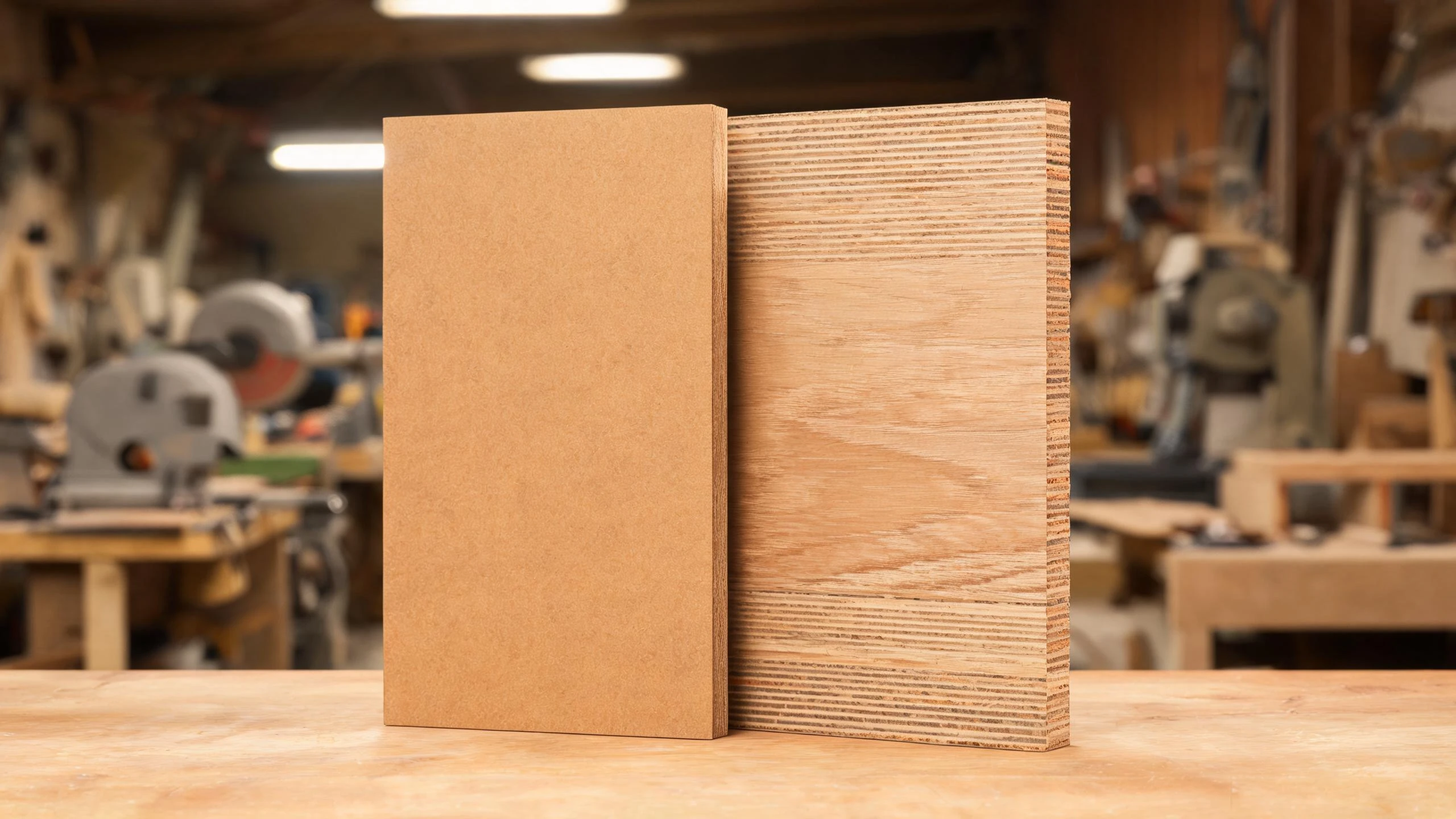 MDF 與夾板並排置於展示架車間工作台上