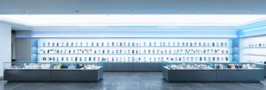 Cell phone store backlit wall display and glass accessory counters
