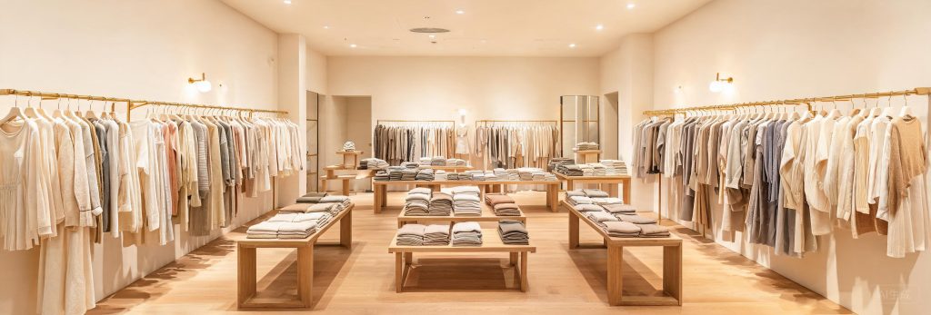 Clothing store display tables and wall-mounted garment rails in a boutique
