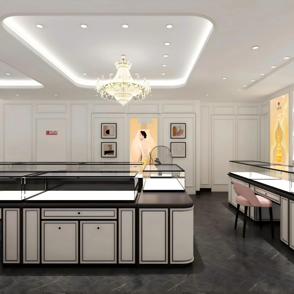 Black jewelry display case island photographed in a mall aisle: lockable glass hood, French-panel storage doors and multi-colour velvet trays