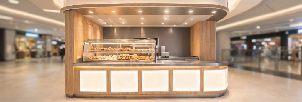 Mall food kiosk counter with glass food display warmer case