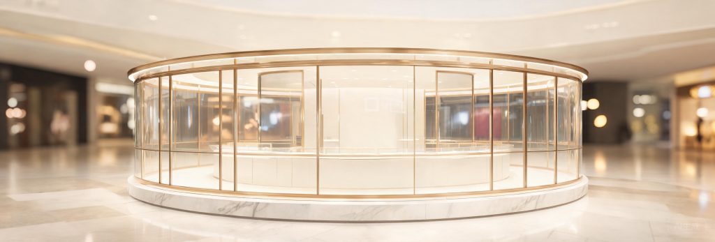 Glass tower display kiosk with champagne metal frame in a shopping mall