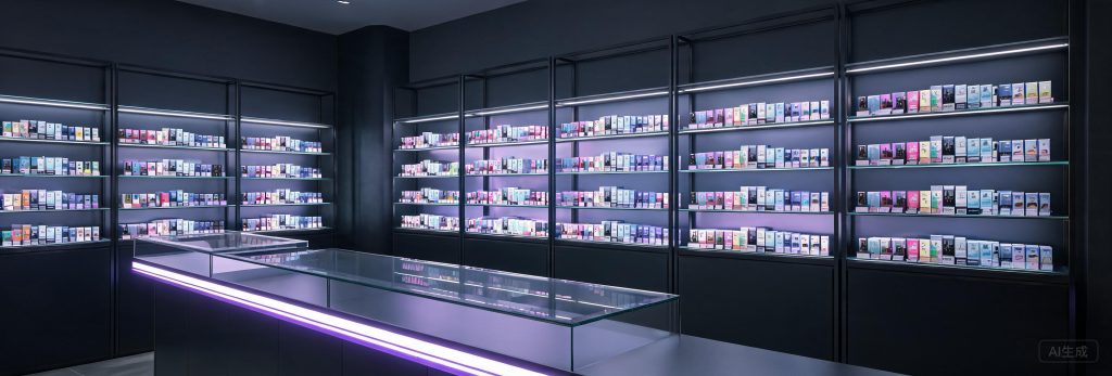 Vape shop display counter and backlit wall shelving with LED lighting