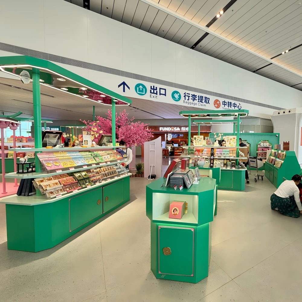 Curved display cabinets and octagonal island counters in a retail shop interior design project, integrated LED lighting and green lacquer finish