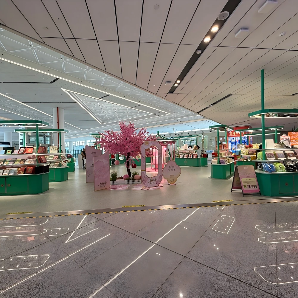 Pink-lit pagoda display pavilion with calligraphy panels in a retail store interior design project, cultural-themed retail environment
