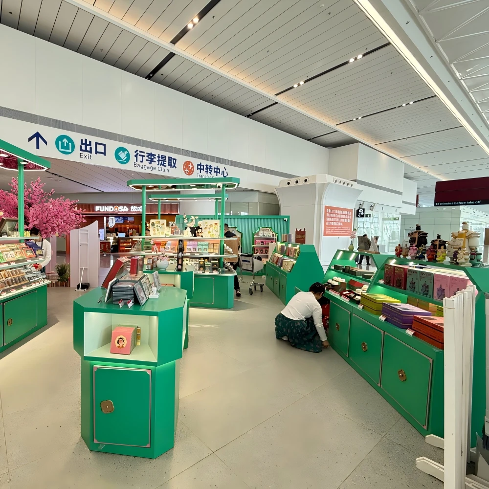 Full view of curved merchandise cabinets and shelving units in a retail shop fit out installation, emerald green fixtures with gold hardware