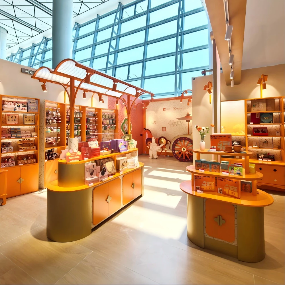 Operated retail store layout design with arc-shaped merchandising island, themed ceiling baffles and customer step-warning signage at the airport transit hall