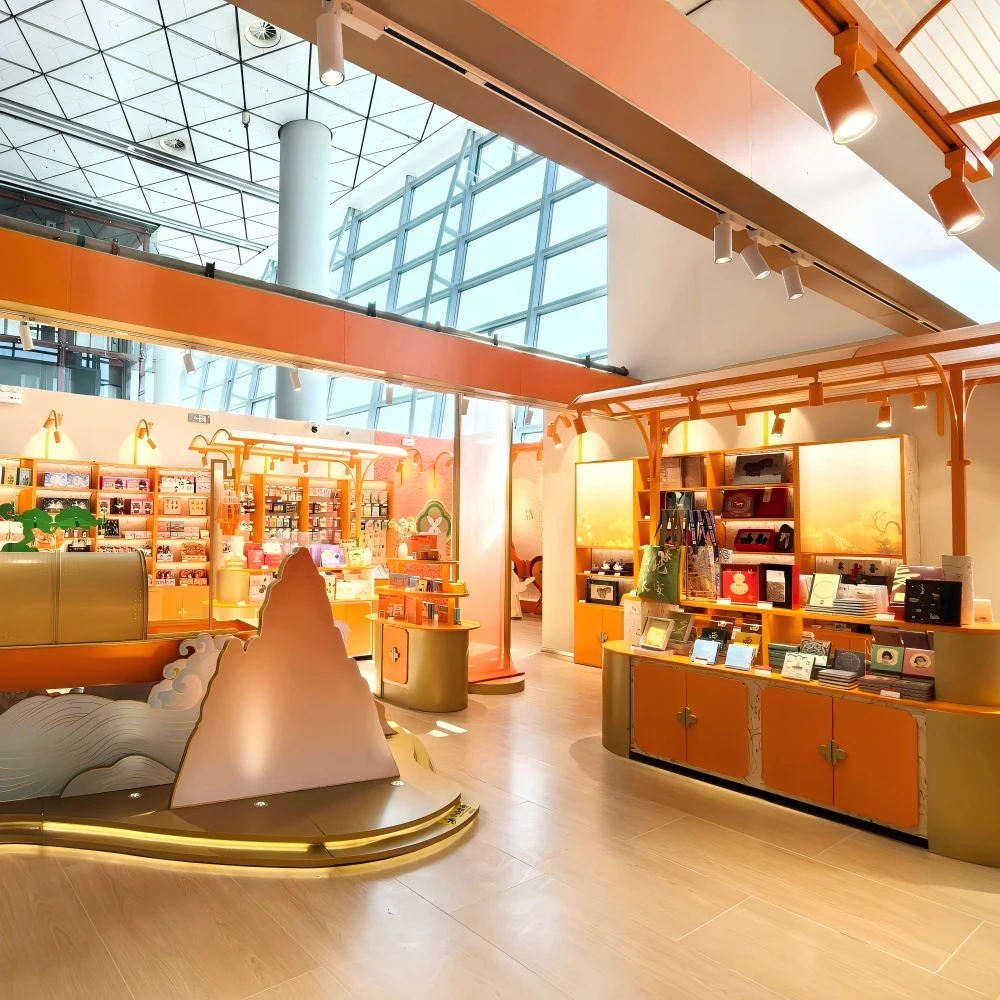 Themed shelving wall with illuminated signage crown integrated into a retail design and build installation at an Asia airport island