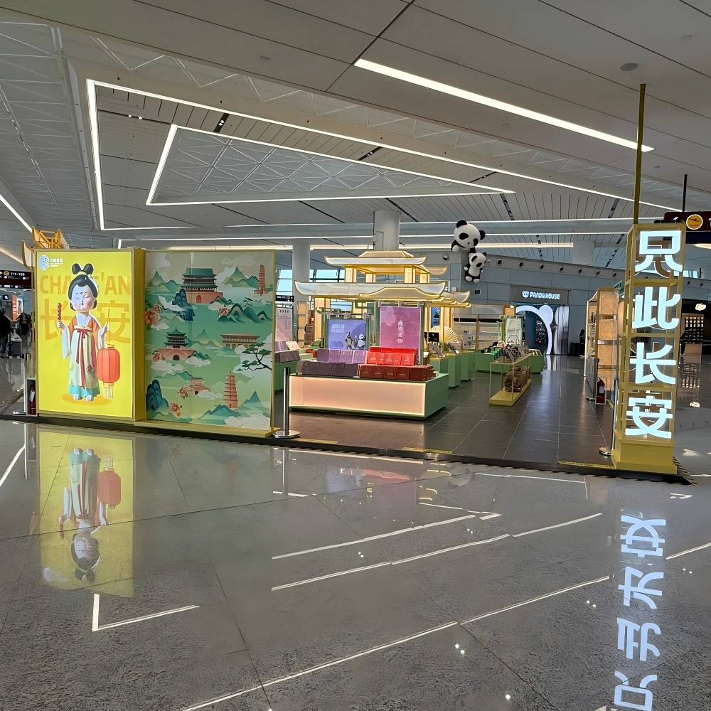 Full concourse view of a modern retail store design installation with branded cultural pavilion frames and illuminated signage at an Asia airport island