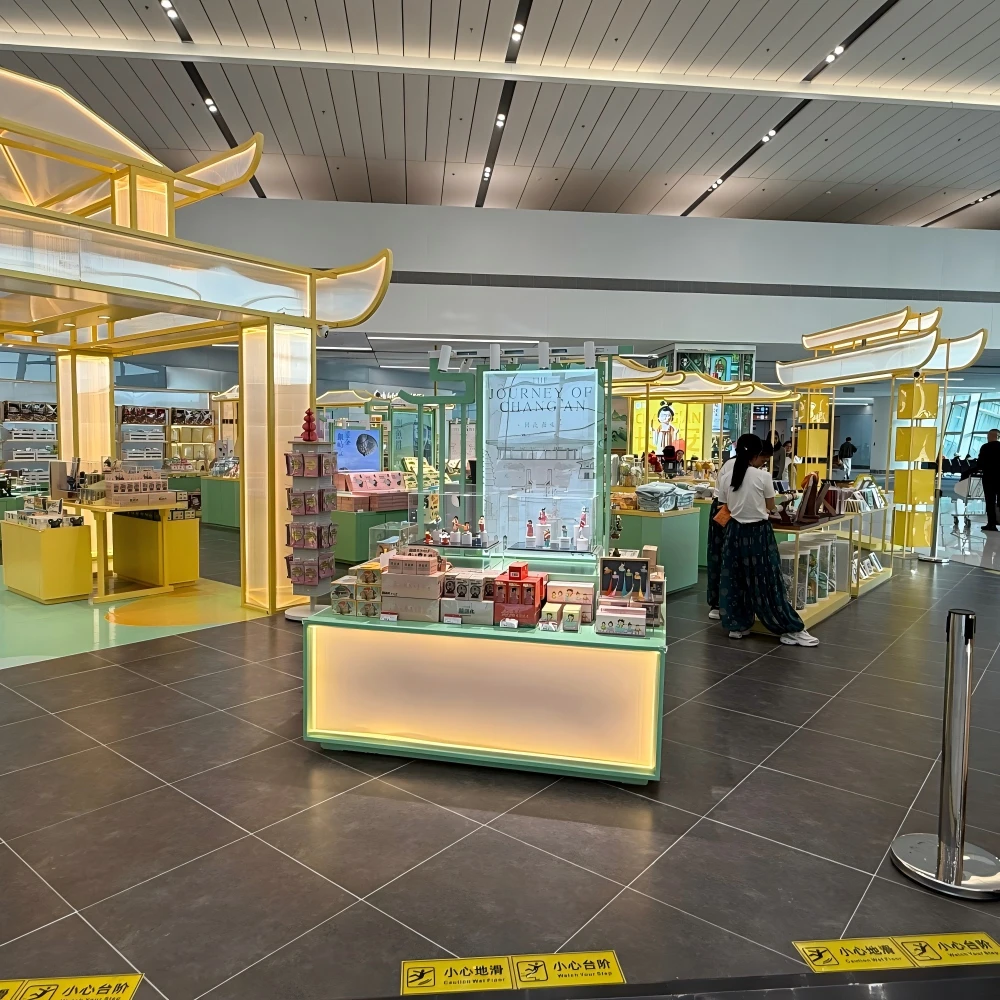 Central merchandising island with tiered display stands, glass tops, and soft LED coves in a retail display stand design installation