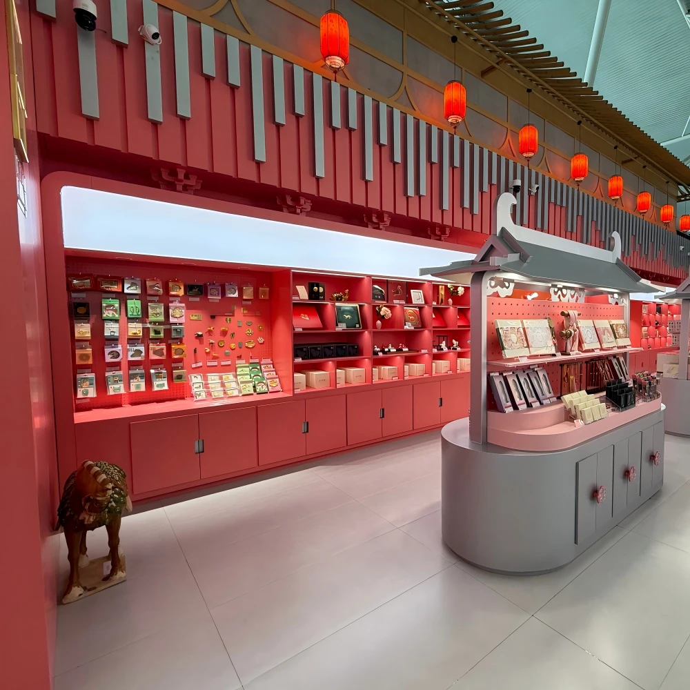 Full-height cultural souvenir display wall with illuminated niches, glass fronts, and red lacquer cabinetry in a retail display cabinet design installation