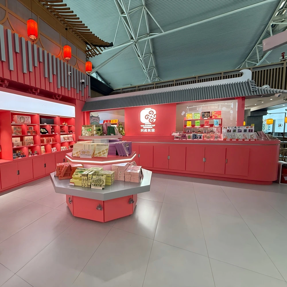 Interior view of coral-red retail fixtures with pavilion-style canopies and backlit cultural graphics in a retail store design live store