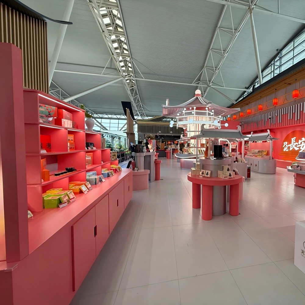 Wall-mounted display cabinet system with tiered shelving and LED coves for travel memorabilia in a retail display cabinet design installation