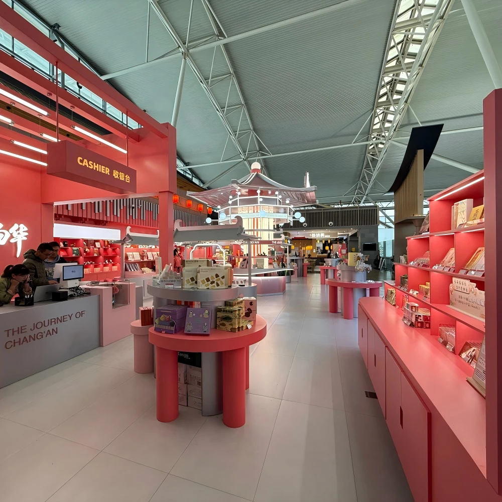 Coral-red lacquer cashier counter with traditional eave canopy and branded fascia in a retail display cabinet design installation