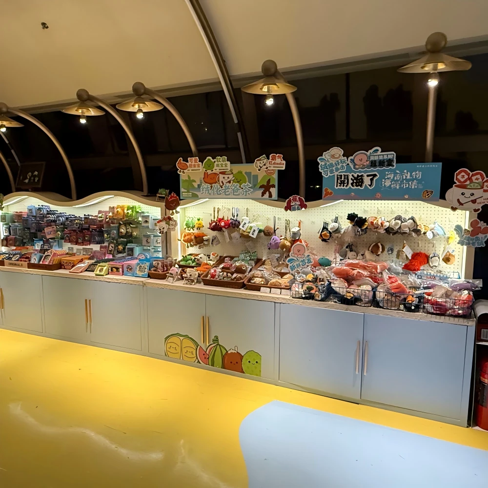 Retail interior design with pegboard accessory walls and plush-toy displays in a cultural souvenir shop installation