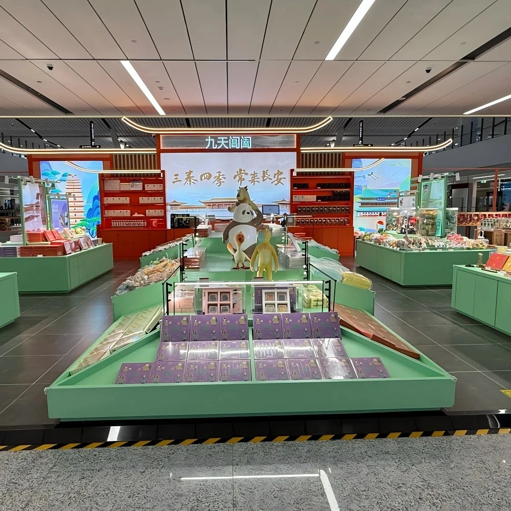 Retail interior design with a central green-lit podium and mascot figures in an ancient-capital cultural installation