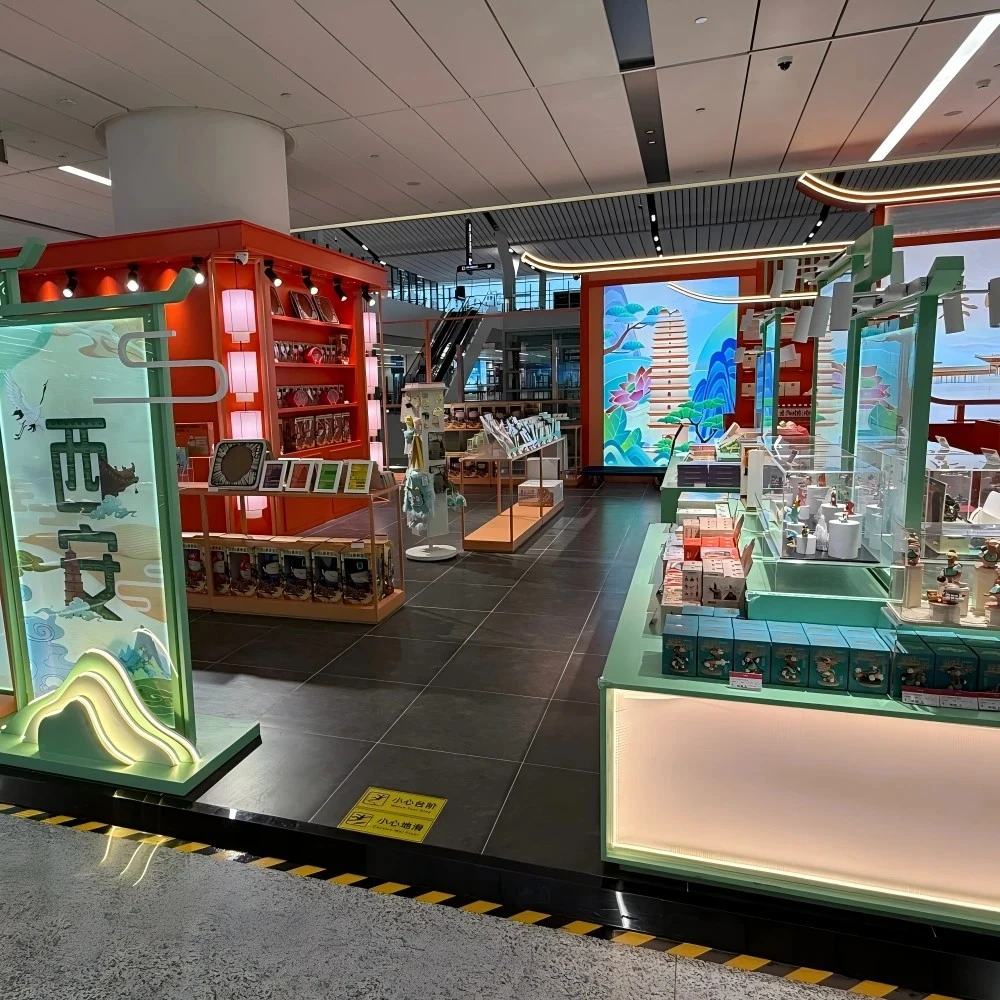 Retail interior design showing the entrance mural wall and dual-zone cabinetry in a cultural retail installation