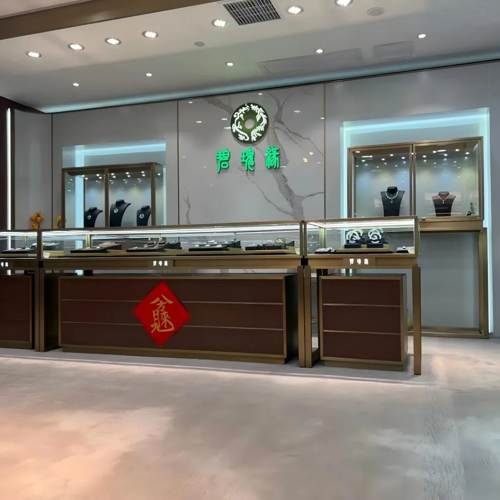 Counter interior with velvet jewelry display trays and integrated LED strip lighting