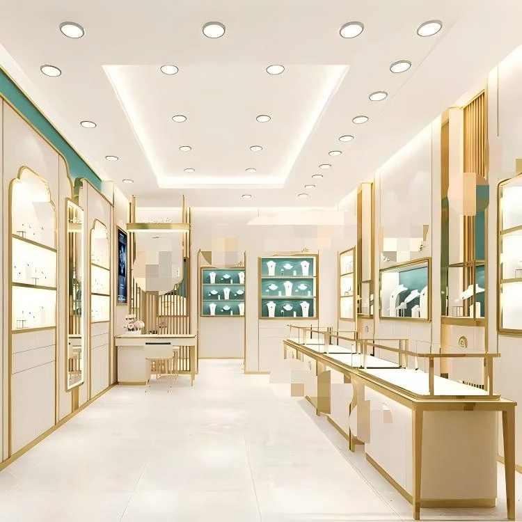 Lockable glass jewelry counters with arched wall cabinets and teal backings in a fine jewelry boutique