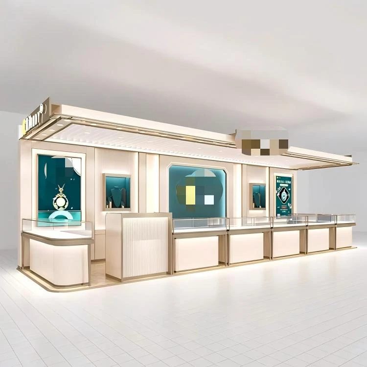 Mall jewelry concession with curved entry counter, canopy lighting and lockable display cases