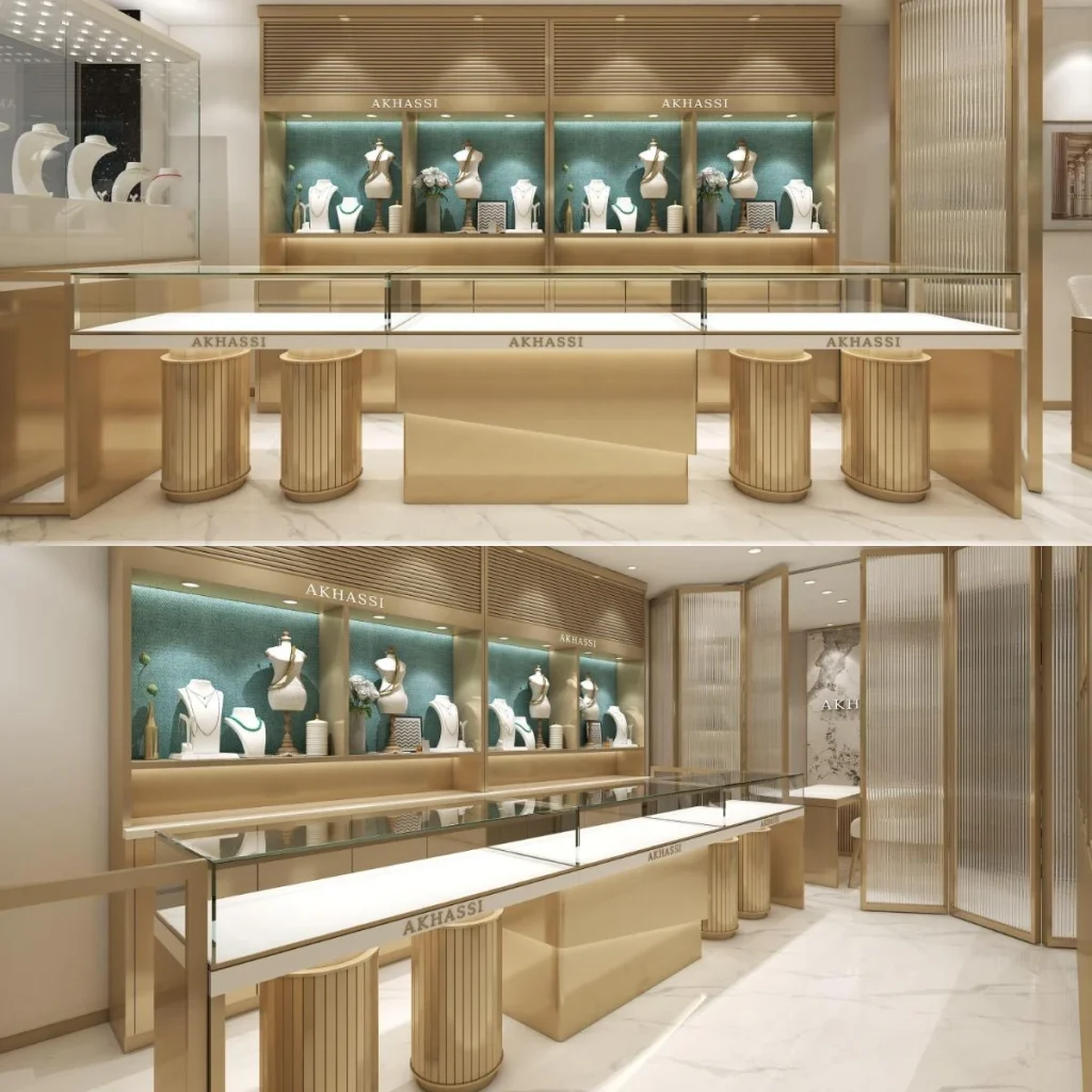 黃金珠寶展示櫃專案兩種視角:直紋立柱底座島櫃及綠色壁龕背牆細節
