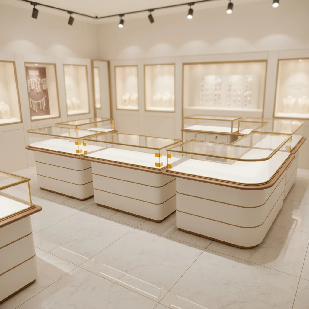 Jewelry showcase display fleet: L-shaped corner counter, square pedestal cases and long island runs in cream and champagne metal