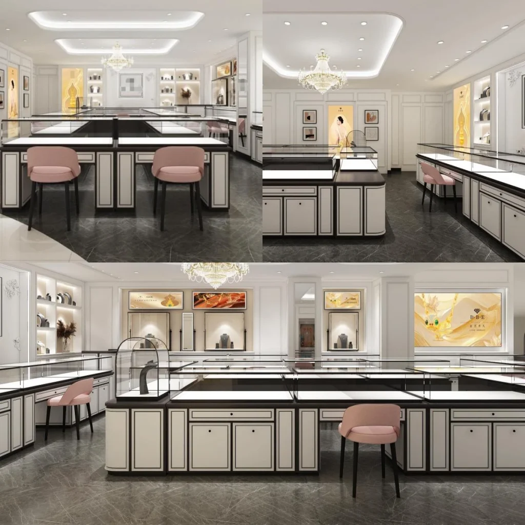 French-panel boutique program in four views: L-shaped island counters, lit backwall panels and crystal chandelier over black and white casework
