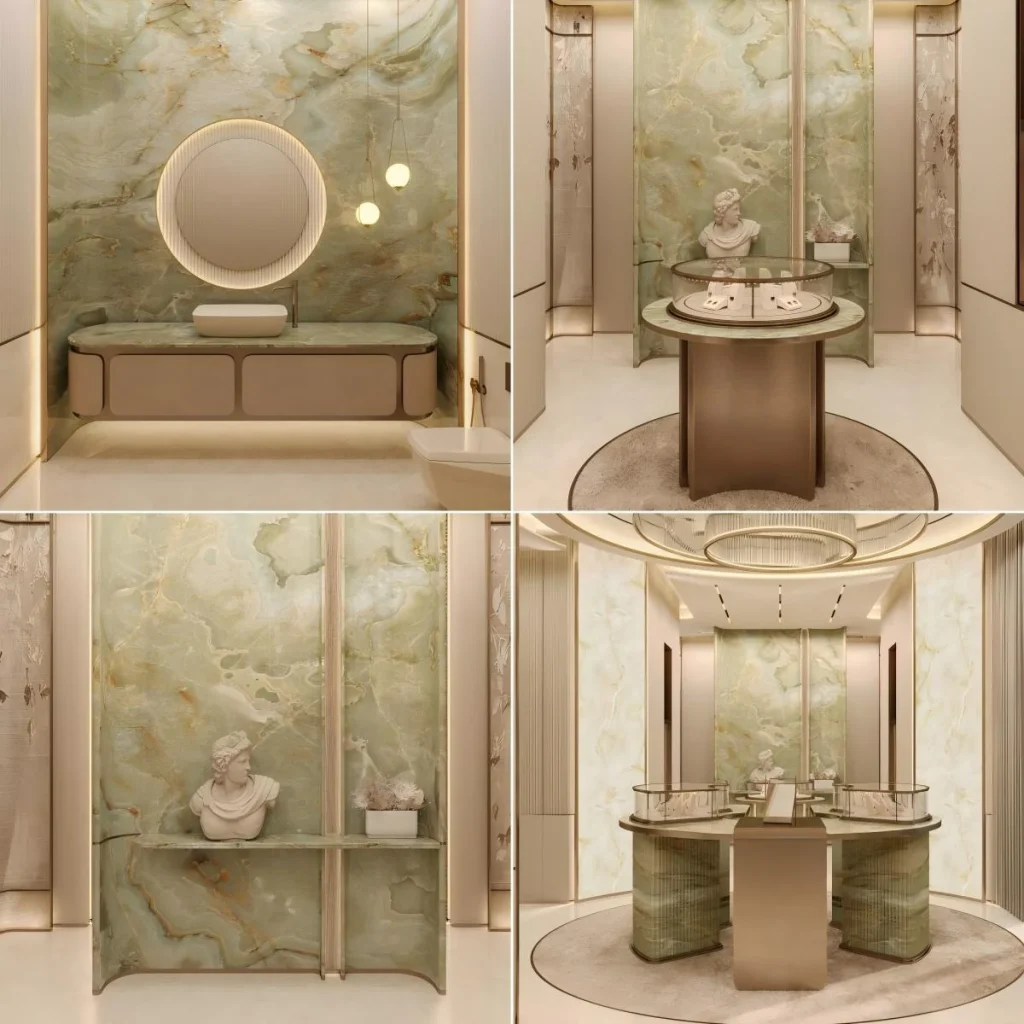 Circular jewelry display table and cylindrical vitrine pedestals in a luxury boutique fit-out