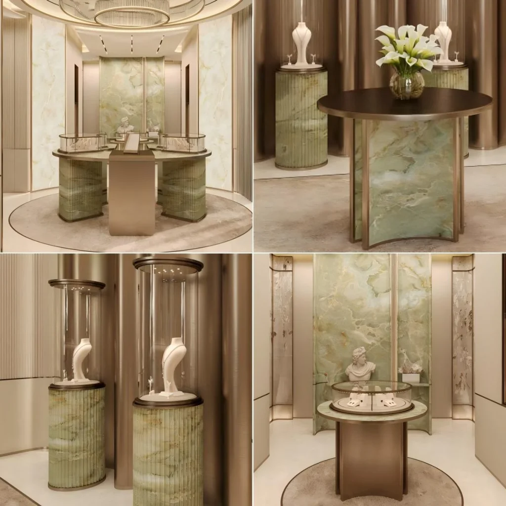 U-shaped consultation counter with fluted glass base and recessed wall niches