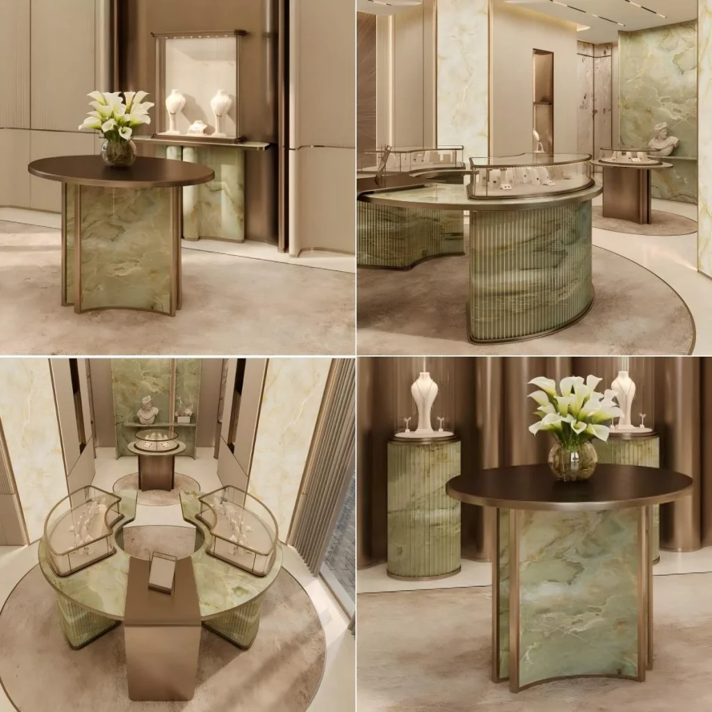 Fluted glass curved counters and radial display pod in a custom jewelry salon interior