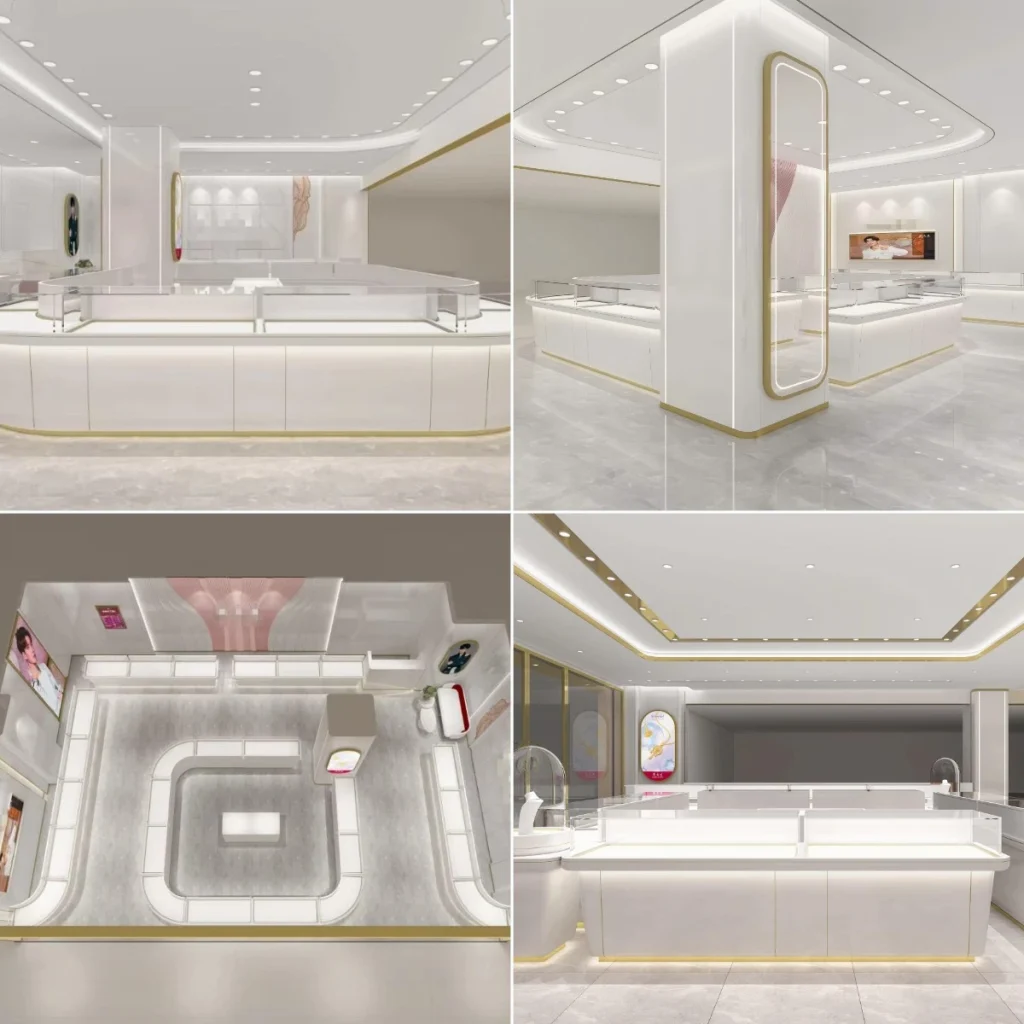 Curved-island retail program in four renders: entry view, lit column, bird's-eye layout and main counter detail
